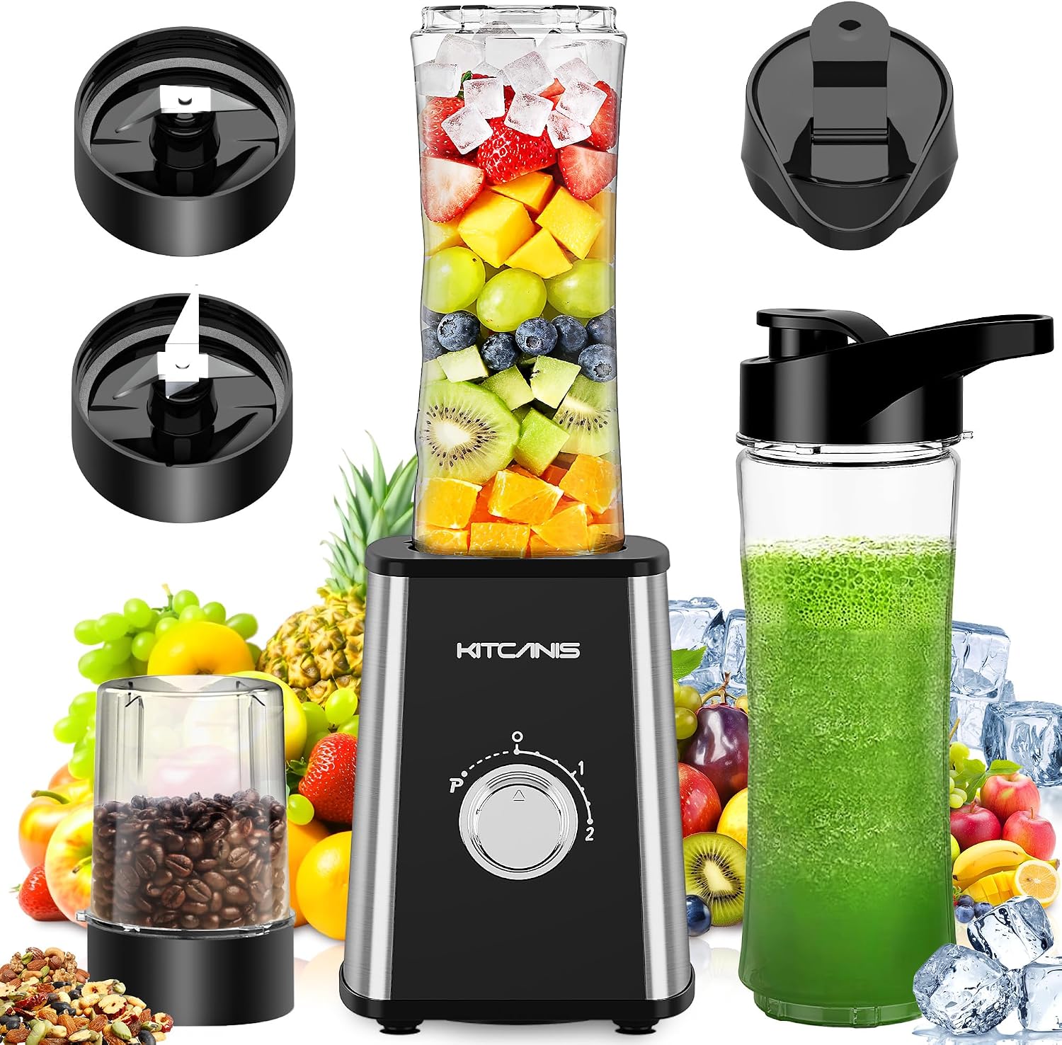 3-in-1 Mixer Smoothie Maker, 800W Mini Standmixer Blender elektrisch, 3 einstellbare Geschwindigkeiten, 2 x 600 ml Tragbare Flasche und 300 ml Mahlbecher für Ice, Obst, Gemüse, Nüsse