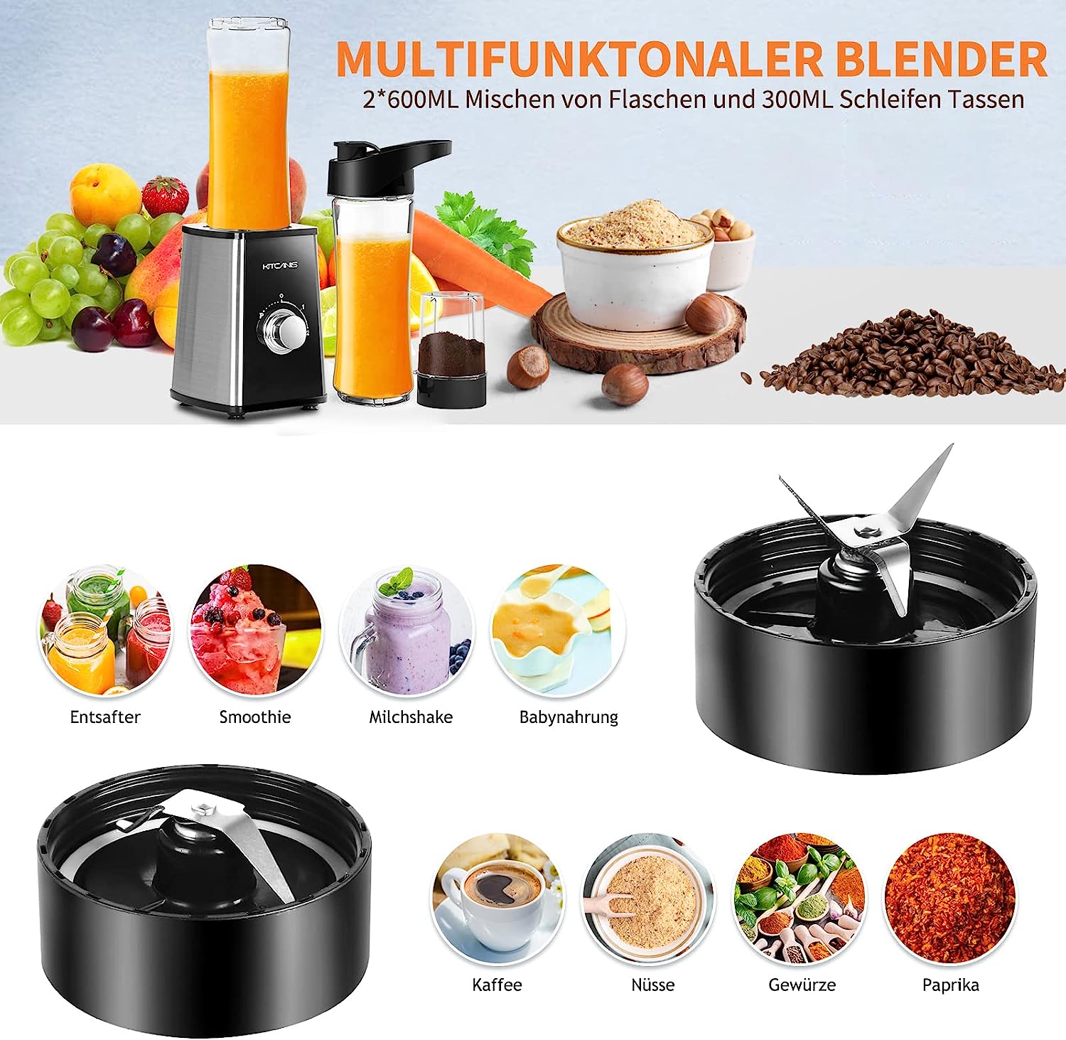 KITCANIS Standmixer 600 W, 3-in-1 Mini Smoothie Maker, 3 einstellbare Geschwindigkeiten, 2 x 600 ml tragbare Flasche und 300 ml Mahlbecher für Eis, Obst, Gemüse, Nüsse