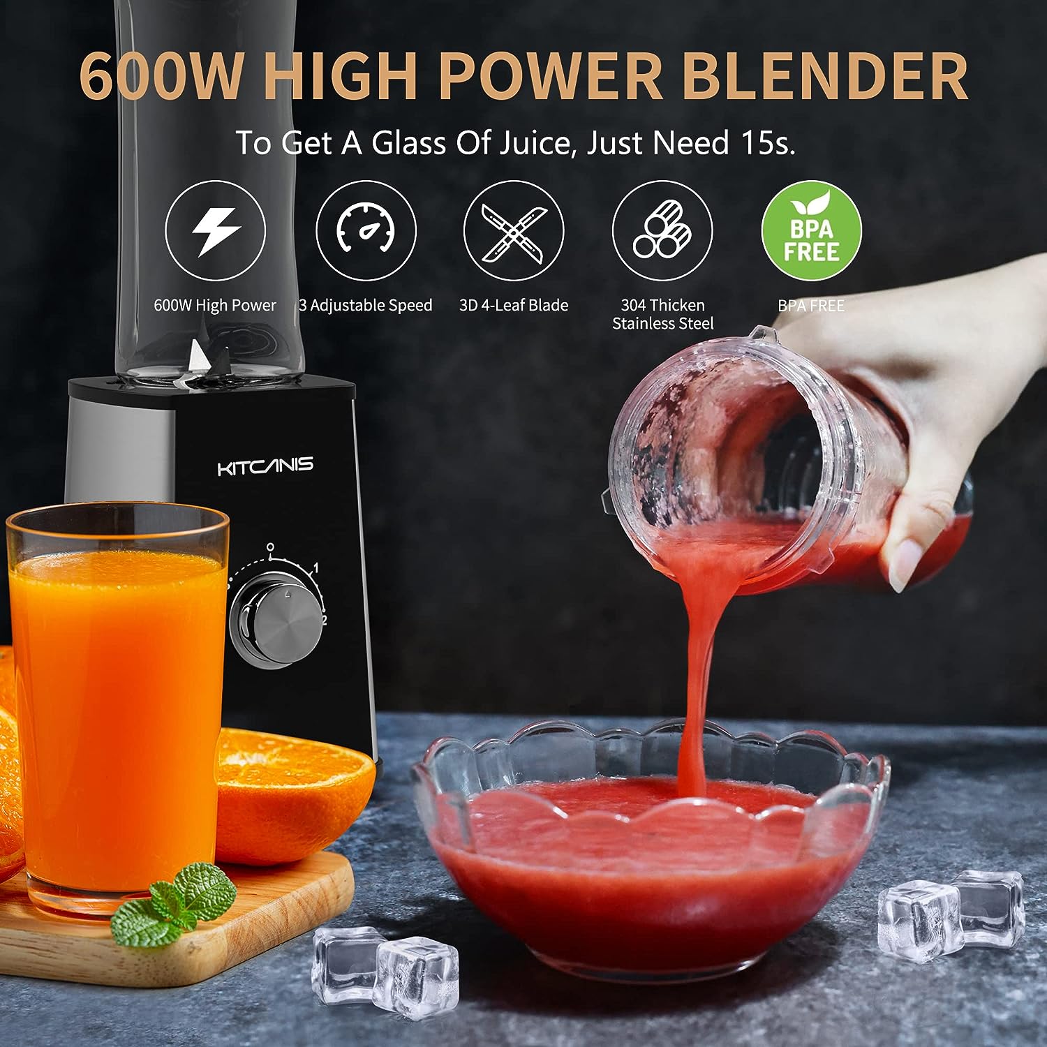 Blender Smoothie Maker 600W, 3 in 1 Multifunctional Personal Smoothie Blender Mixer, 3 Adjustable Speeds, 2x600ML Portable Bottle and 300ML Grinder for Ice, Fruit, Vegetable, nut, BPA-Free by KITCANIS