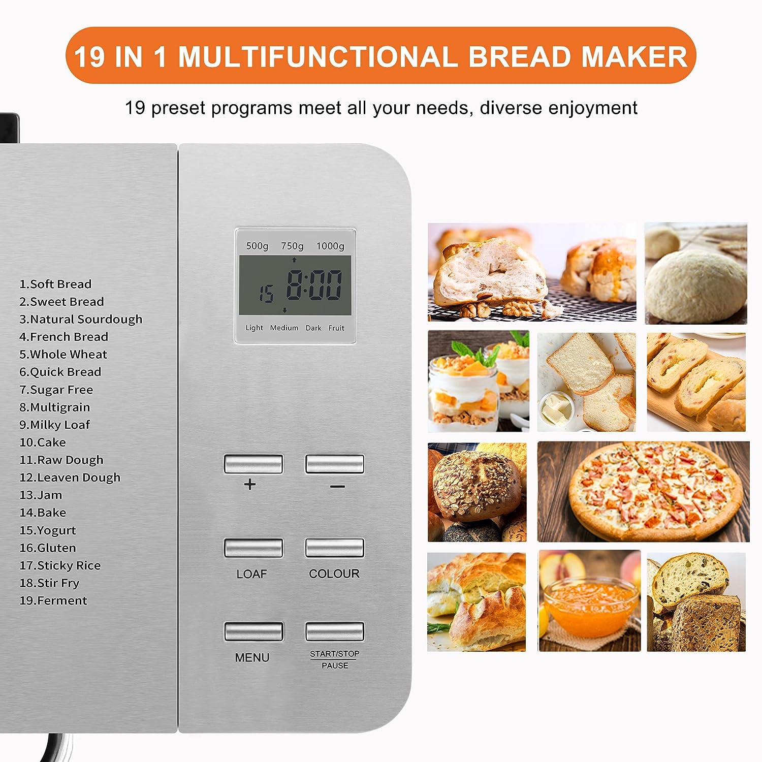 Bread Maker Machines, 19 in 1 Stainless Steel Breadmaker with Automatic Dispenser, 2.2LB Large Bread Machine, Nonstick Ceramic Pan, LCD Touch Panel, Gluten Free, Dough Maker, Jam, Yogurt